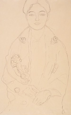 Gustav Klimt, Studie für das Bildnis Fräulein Lieser, frontal sitzende Dame mit ornamentiertem Umhang, 1917, Leopold Museum, Wien
