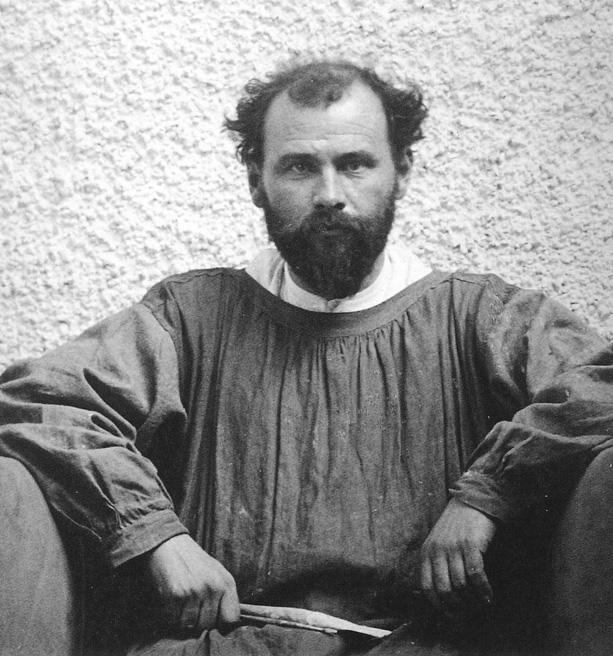 Gustav Klimt in his painter’s smock, 1902, photographed in the centre hall of the Vienna Secession before the opening of the XIV. exhibition, the so-called Beethoven exhibition